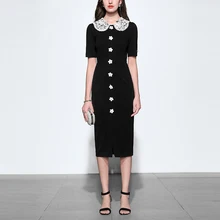 Подиумное дизайнерское платье с пуговицами Питера и жемчугом, облегающее платье с разрезом, осень, женское винтажное платье с коротким рукавом и кружевным воротником с лацканами, Вечерние Платья Миди