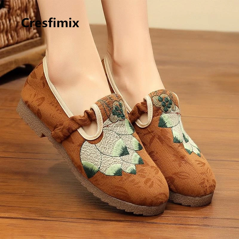 

Cresfimix zapatos de mujer women fashion brown flower printed flat shoes lady casual high quality cloth shoes cool shoes c2181