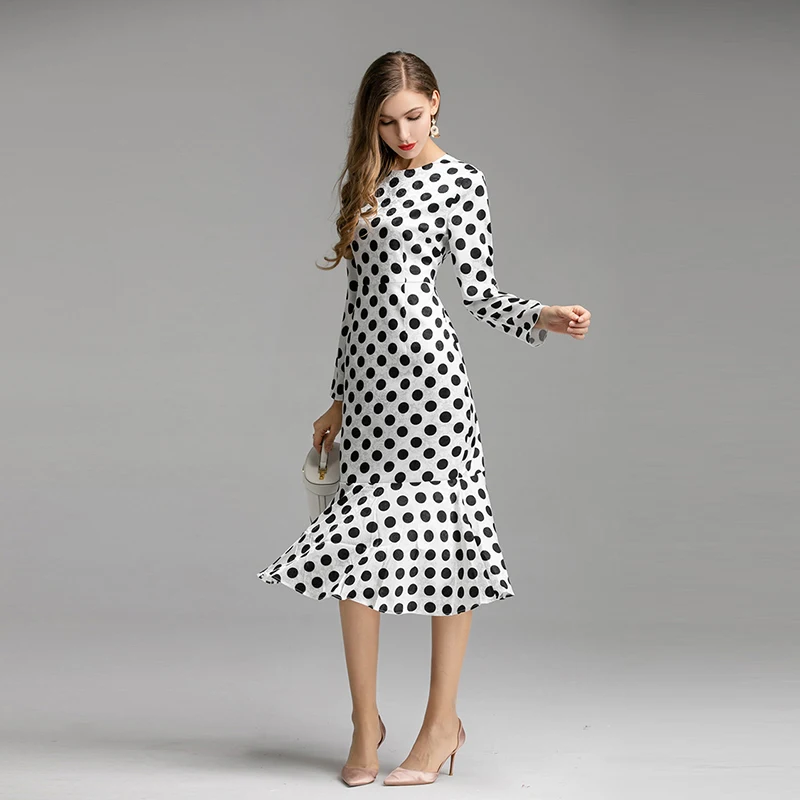 Высокое качество новейшая мода дизайнерское подиумное Платье женское с коротким рукавом в горошек платье до середины икры