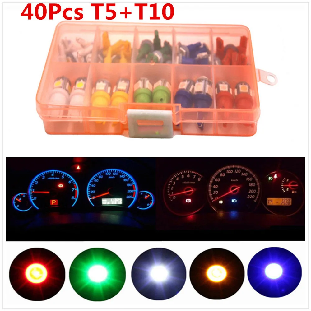 

Car Auto 5050SMD 40 Pcs Set Car T5+t10 Led Instrument Panel Cluster Plug Dash Light Mixed Bulbs 10*10*20mm
