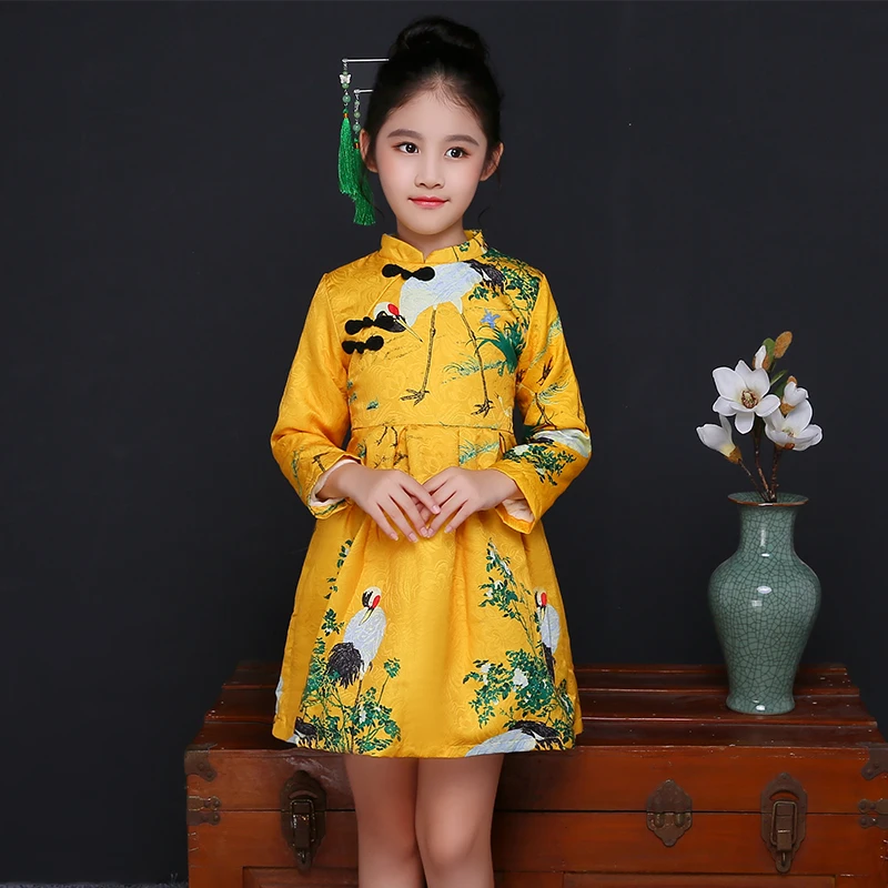 2018 winter new arrival girls chinese style cheongsam kids girls long sleeve crane print dresses surplice qipao clothes years 2018 winter new arrival girls chinese style cheongsam kids girls long sleeve crane print dresses surplice qipao clothes years