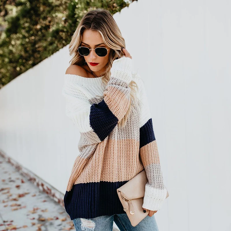 

Loose Patchwork Women's Knitting Pullover 2019 Autumn Winter Fashion Striped Rainbow Sweaters Long Sleeve Female Clothes