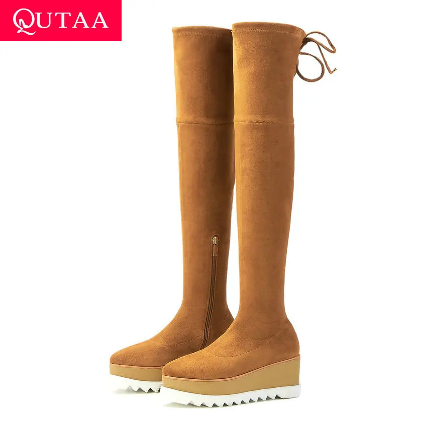 

QUTAA 2020 Side Zipper Pointed Toe Wedge Heel Over The Knee Boots Behind Lace Up Flock Winter Women Warm Fur Shoes Size 34-39