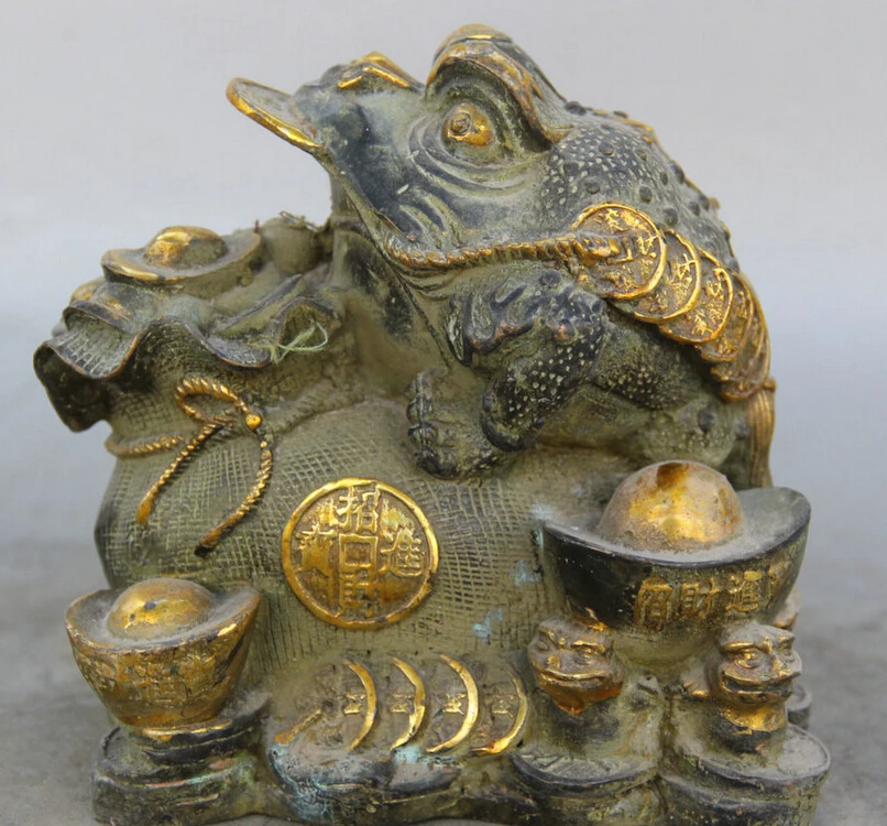 

Collectible bronze S1578 6" Chinese Bronze Gild animal moneybag Coin Golden Toad Spittor sculpture Statue B0403