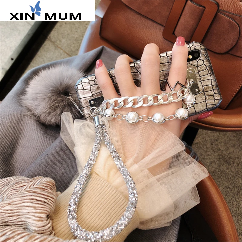 

XIN-MUM For iPhone X Crocodile Case Diamond Gem Bracelet Chain Pearl Crystal Phone Case For iPhone 8 7 6 6S Plus