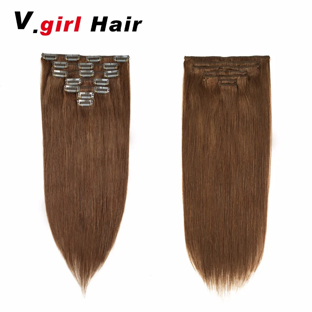 V.girl Hair Clip In Human Hair Extensions Straight 7Pcs Set Machine