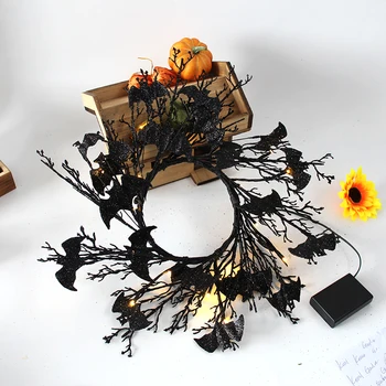 

20 LED Light Glittery Black Bat Halloween Wreath Battery Operated 20 Black Bat Lights Halloween Christmas Decoration Lights