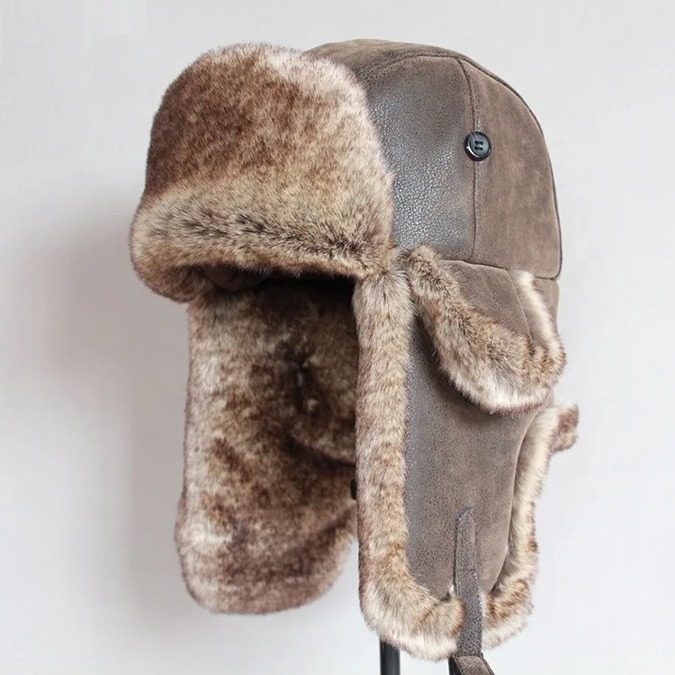 sheepskin bomber hat B-8480 Bomber Hats Faux Leather Fur Men Winter Warm Plush Earflap Women's Russian Ushanka Hat Aviator Trooper Snow Ski  Caps brown leather bomber hat Bomber Hats