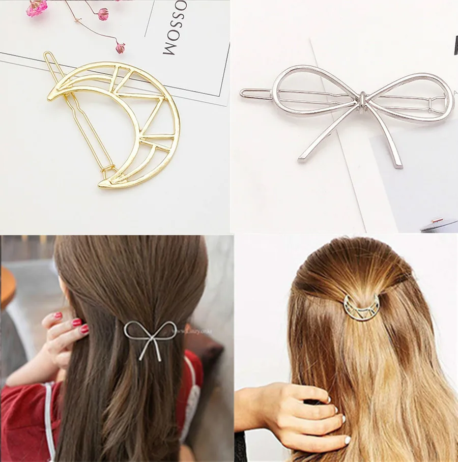 

1Pcs Hollow Moon and Bow Fashion Hair Clip for Women Elegant Korean Design Snap Barrette Stick Hairpin Hair Styling Accessories