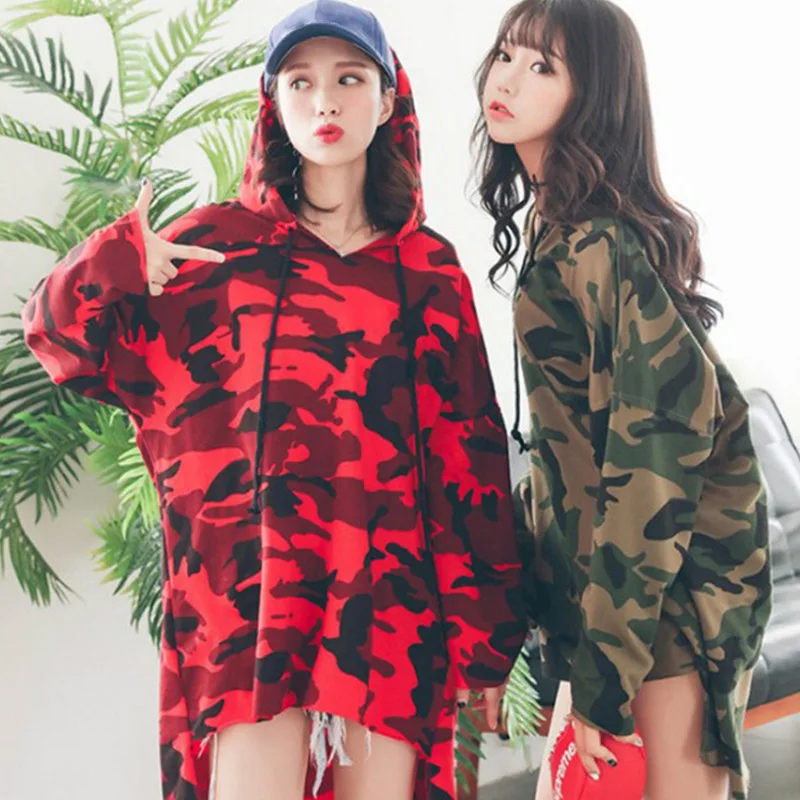 Женская камуфляжная Длинная толстовка с капюшоном Harajuku Camo толстовки на завязках