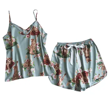 

2019 new hot sale Пижамный комплект women's sexy sling pajamas shorts printed cat suit wholesale t3+3