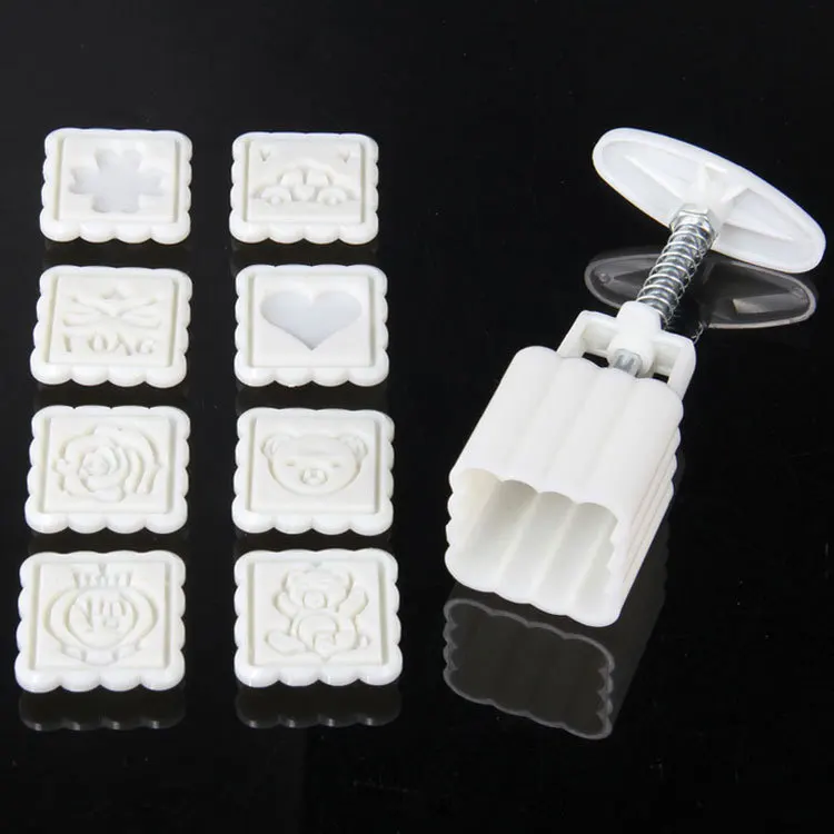 Square Moon Cake Molds with 8 Stamps Christmas Cookie Cutters Biscuit Stamp Cooking Tools 9pcs set