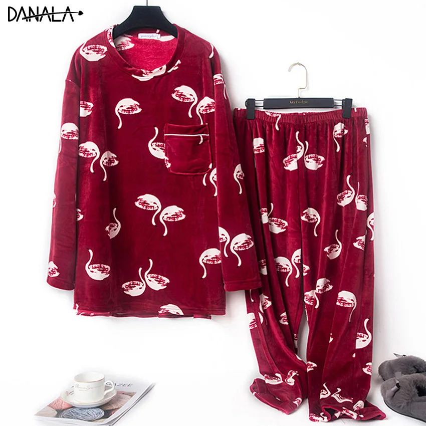 

DANALA 100% Velvet Warm Winter Pajamas Sets Women Plus Size 5XL Animals Pyjamas Sleepwear Long Sleeve Nightwear Home Clothes