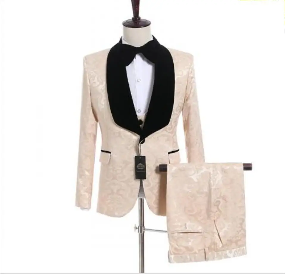 

New Arrival One Button Champagne Embossing Groom Tuxedos Groomsmen Shawl Lapel Mens Suits Blazers (Jacket+Pants+Vest+Tie) W:1232