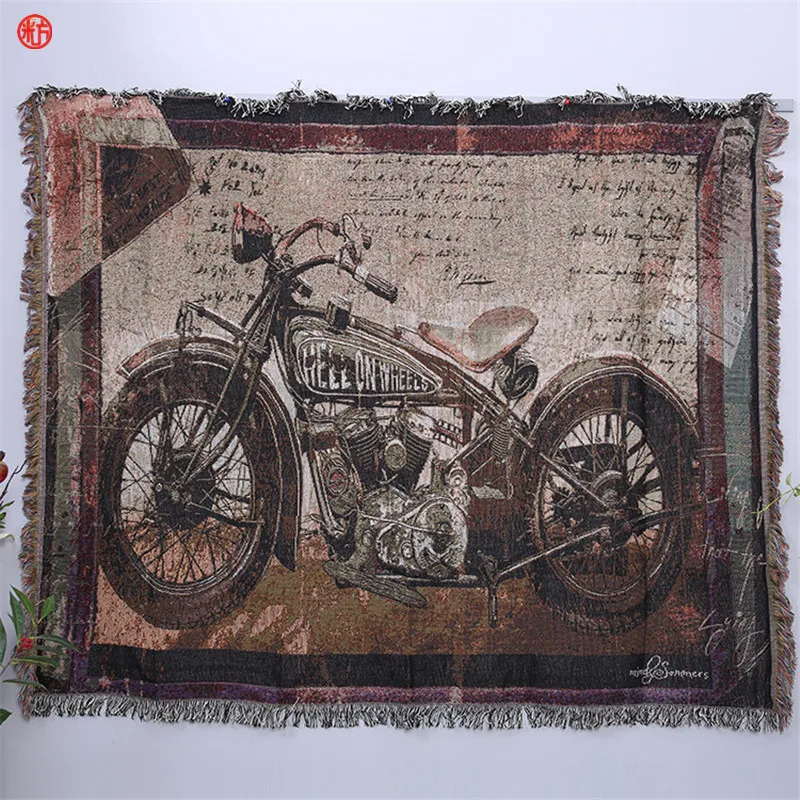 

Home Decor Retro Motorcycle Tapestry Cotton&Polyester Thread Blanket Sofa Chair Floor Capret Bed Cover American Style Textile