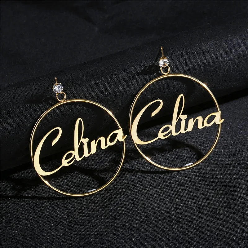 Zircon Stainless Steel Custom Name Earrings Personalized Big Nameplate