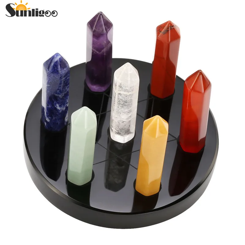 

Sunligoo Hot Sale 7 Chakra Healing Crystals Wands Quartz Reiki Energy Tumbled Stones Set Hexagonal Points Array Statue Figurines