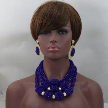 

Luxury Royal Blue African Statement Necklace Beads Set Nigerian Women Costum Wedding Bride Engagement Beads Free Shipping QW303