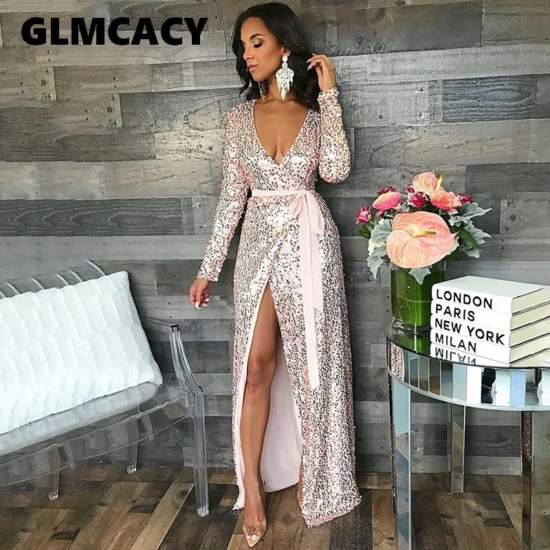 

Women Long Sleeve Sexy Club Wear Elegant Formal Party Dress Pink Gold Deep V Neck High Slit Bodycon Sequin Maxi Dress Vestidos