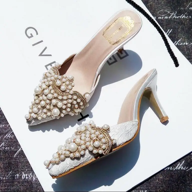 

2019 Summer Shoes Women Sweet Elegant Pearl Beaded High-heeled Shoes Thin Heels Pointed Toe Women Sandals c37