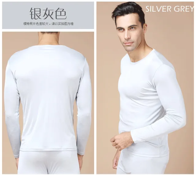 Hot Sale !100 silk mens long johns thin set pure color double knitted