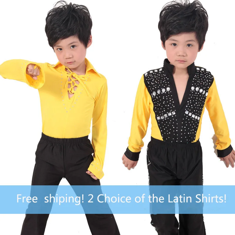 Ropa de baile latino con diamantes de imitación para niños, camisa y pantalones de manga larga de 110 150cm, color negro/amarillo, para baile de salón y Salsa|latin shirt|latin dance clotheslatin dance -