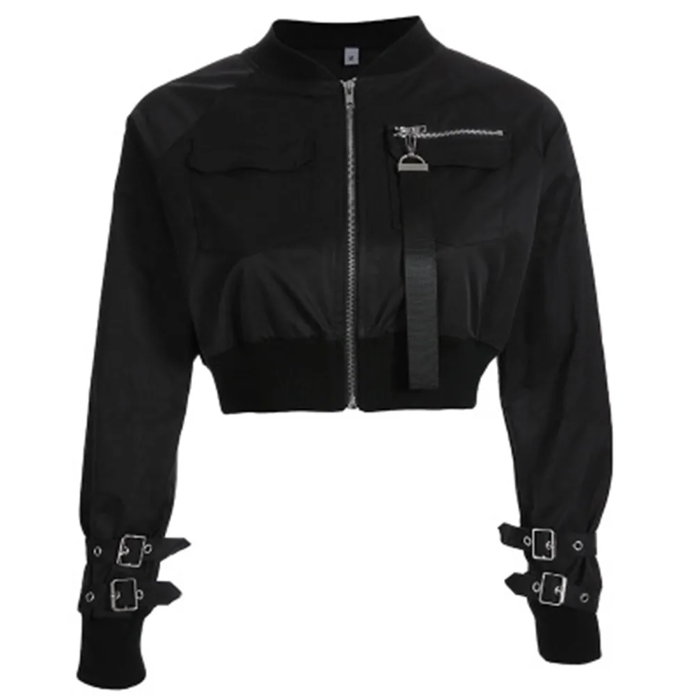 العصرية الخريف جديد عارضة البيسبول سترة النساء أعلى القوطي قصيرة السرة معطف الشارع الشهير سستة الورك هوب الأسود معاطف الإناث