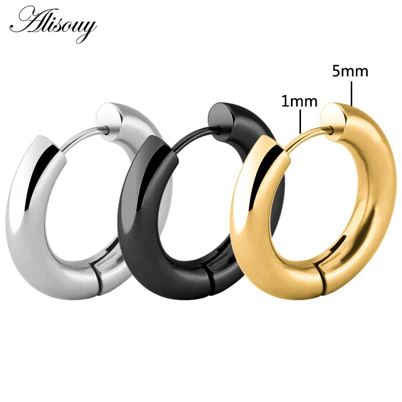 Alisouy Black/Rose Gold/Silver Color Tone Stainless Steel Hoop Earrings Round Loop Earring Men Women big size Hyperbole Jewelry