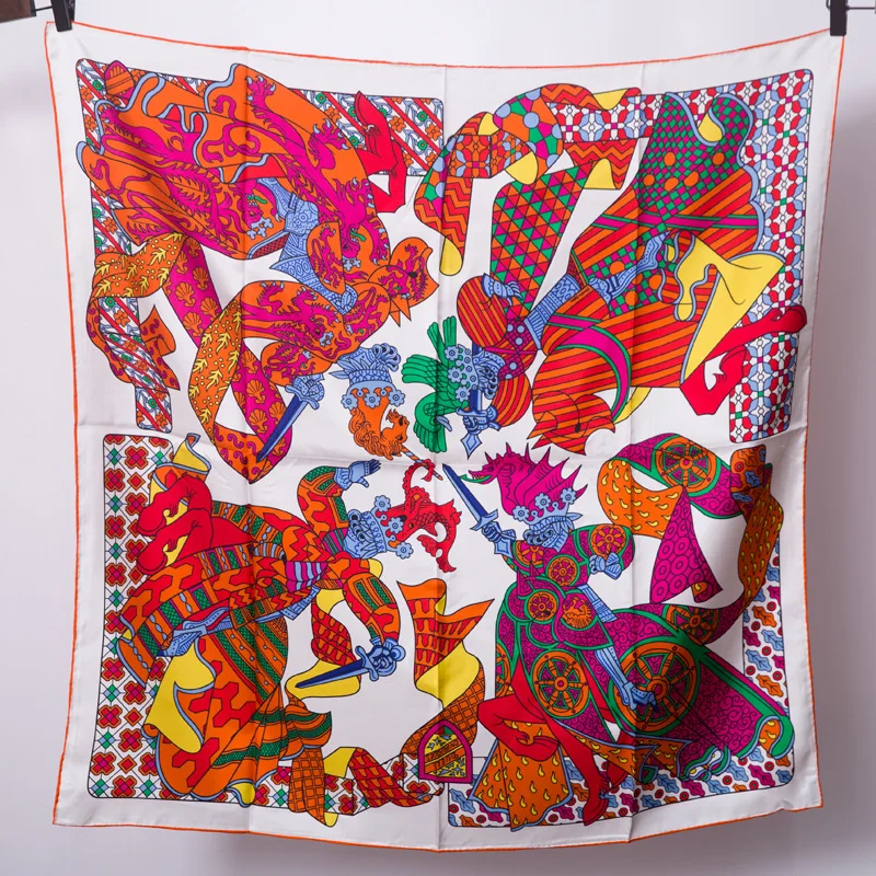 

14m/m knight Battle Scarf Women Pure Twill Silk Scarves Handmade Hemming Curling Bandana Square Headband Hairband 90*90cm