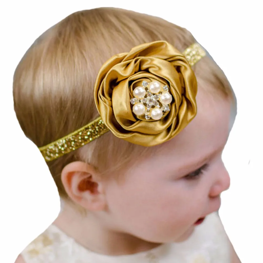 Girls Glitter Gold Headbands Kids Hair Bows Girls Satin Rolled Flower