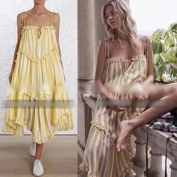 

2018 Sexy sling vidm dress color stripes beach summer dresses and sarafans yellow bohemian vestidos bandage dress jurken tunics