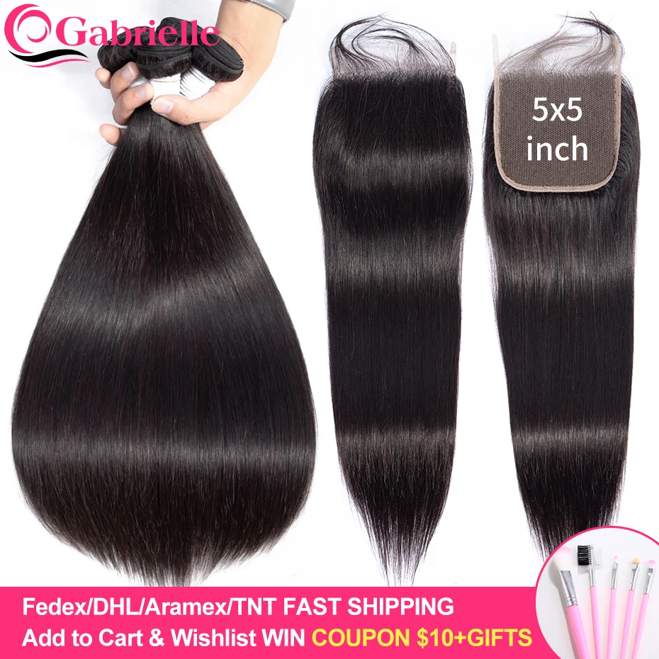

Gabrielle Brazilian Straight Hair 3 Bundles with Lace Closure Natural Color 5x5 closure with bundles Remy Hair Extensions