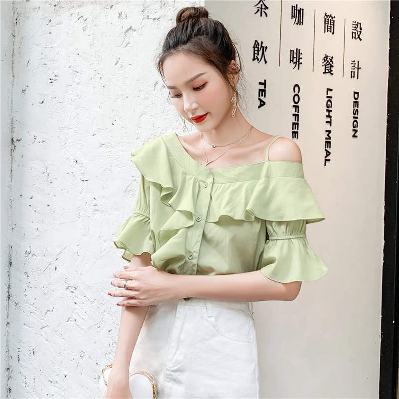 

Sexy Off Shoulder Womens Tops And Blouses Slash neck Flare Short Sleeve Women Ruffles Shirts Korean Clothes 2019 Summer Blouse