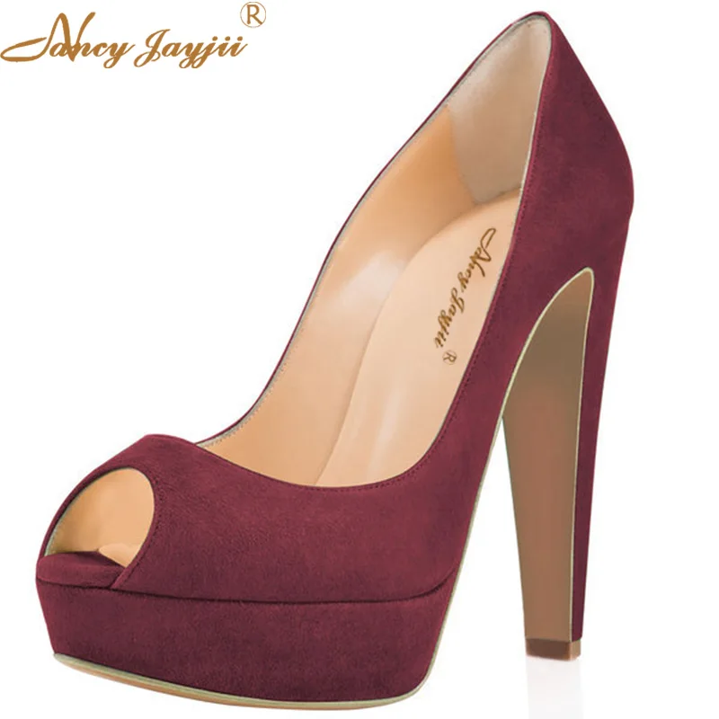Fashion Summer Autumn Dark Red Soft Suede Shoes Peep Toe Platform High Chunky Heel 15cm Dress Party Pumps Shoes Women Size 4-16