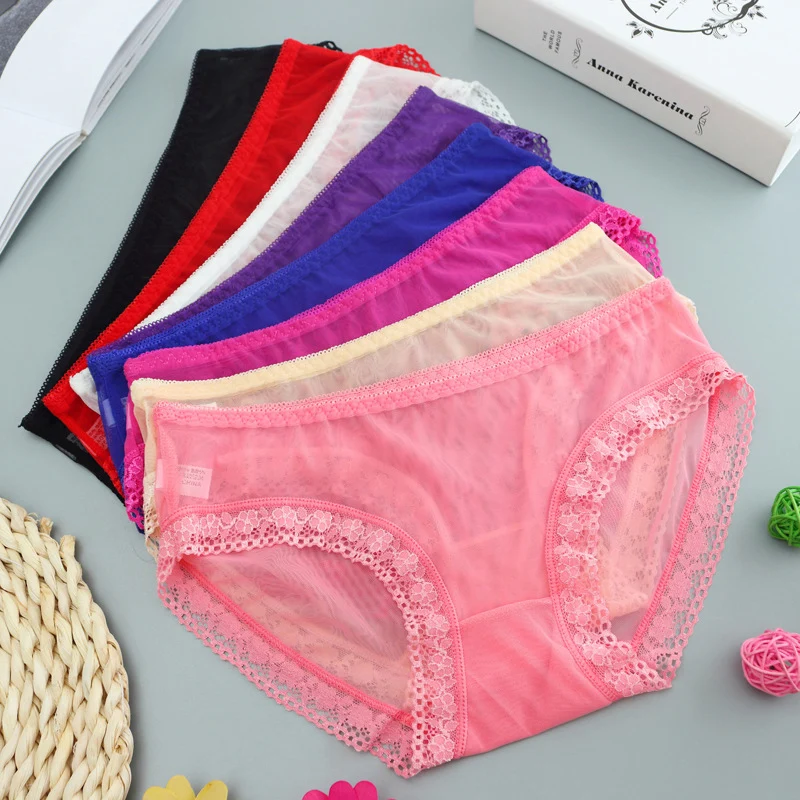 

Solid color openwork lace low waist transparent seamless sexy female triangle briefs free shipping
