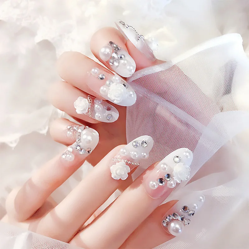 Unhas de Noiva Beleza do Casamento Dicas de Unhas com Cola Feminino Brilhando Strass Falso Unha Novo Design Capa Completa Acrílico 24 Pçs 3d