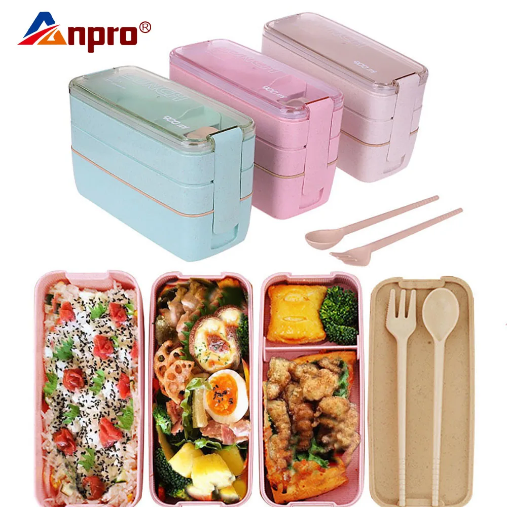 

Anpro 3 Layer Green Wheat Straw Lunch Box Microwave Oven Dinnerware Kids Adults Food Storage Container Stackable Lunchbox