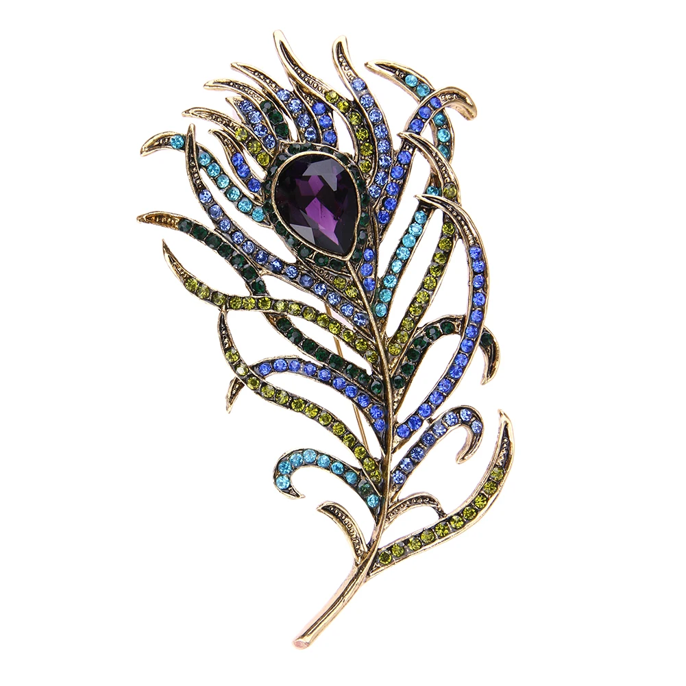 

Crystal Peacock Feathers Brooch Boho Enamel Pins Deep Blue 63*107mm Brooches Wedding Accessories 2019 New Arrival