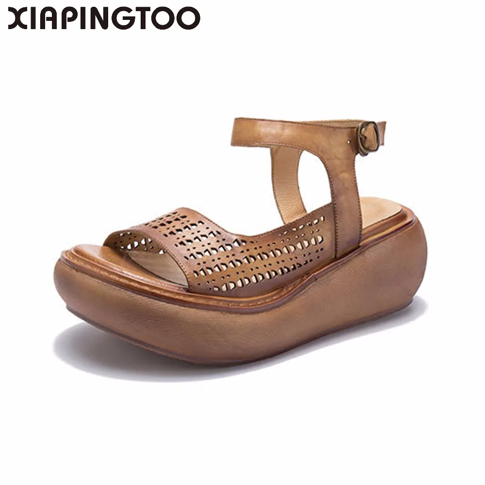 

Summer Women's Sandals High Heels Comfort Soft Rubber Bottom Genuine Leather Leisure Retro Handmade Flat with Shoes For Women