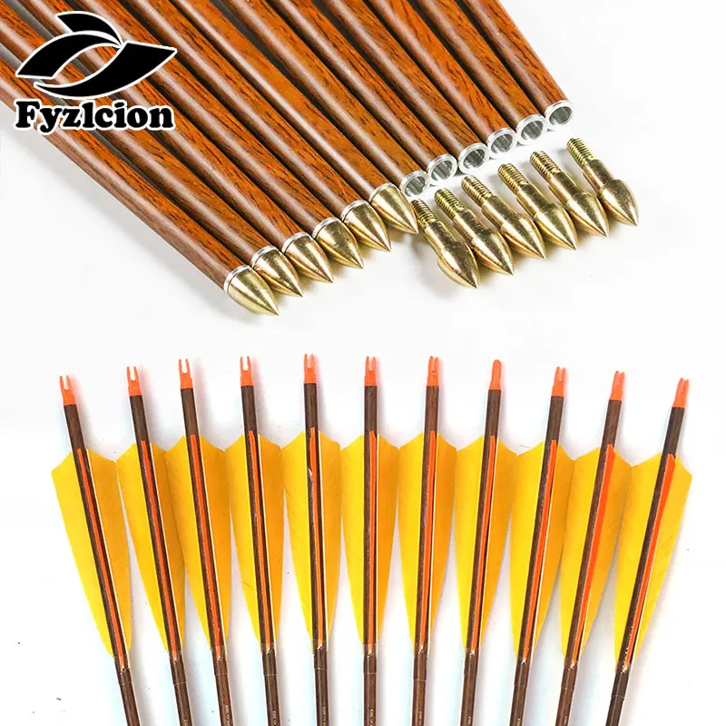 

Hunting Archery Bolts 12Pcs Pure Carbon Arrows ID6.2mm Wood Skin 5'' Turkey Feather Compound Recurve Bow Hunting and Shooting