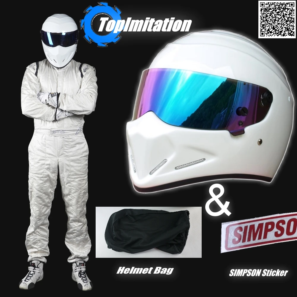 TopGear The Stig 헬멧, 오토바이 카팅 레이싱 헬멧, 화이트 컬러, 컬러풀 바이저 헬멧, 심슨 스티커 포함