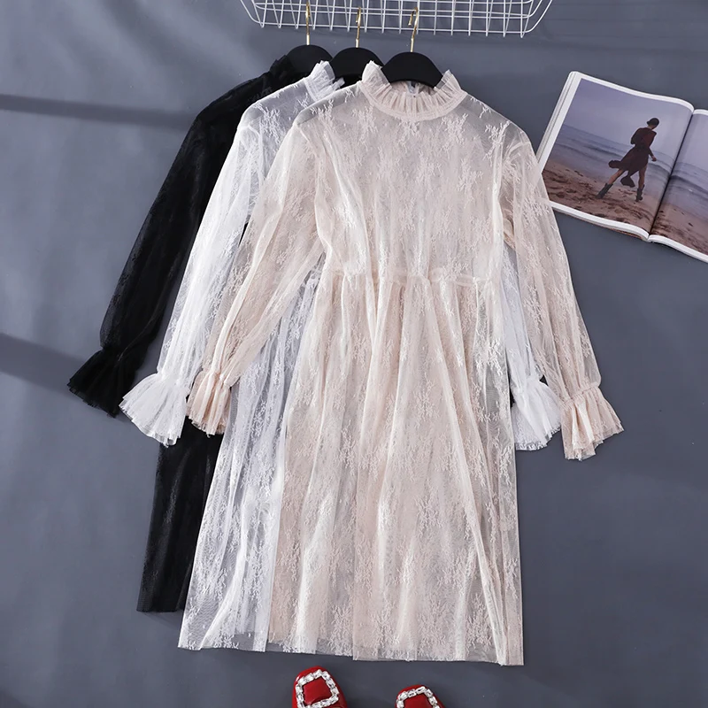 

Floral Lace Spring Summer Dress Women stand Flare Sleeve Dress 2019 Elegant vintage Polka Dots Dress vestidos mujer