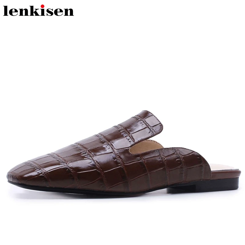 

Lenkisen preppy style full grain leather square toe slip on low soft bottom mules wedding party casual shoes women sandals L50