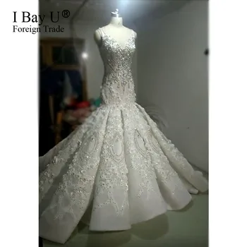 شراءرداء دي ماريج فساتين العروس الفاخرة 2020 دبي حورية البحر فساتين الزفاف ذيل محكمة زينة اللؤلؤ مطرز فساتين الزفاف