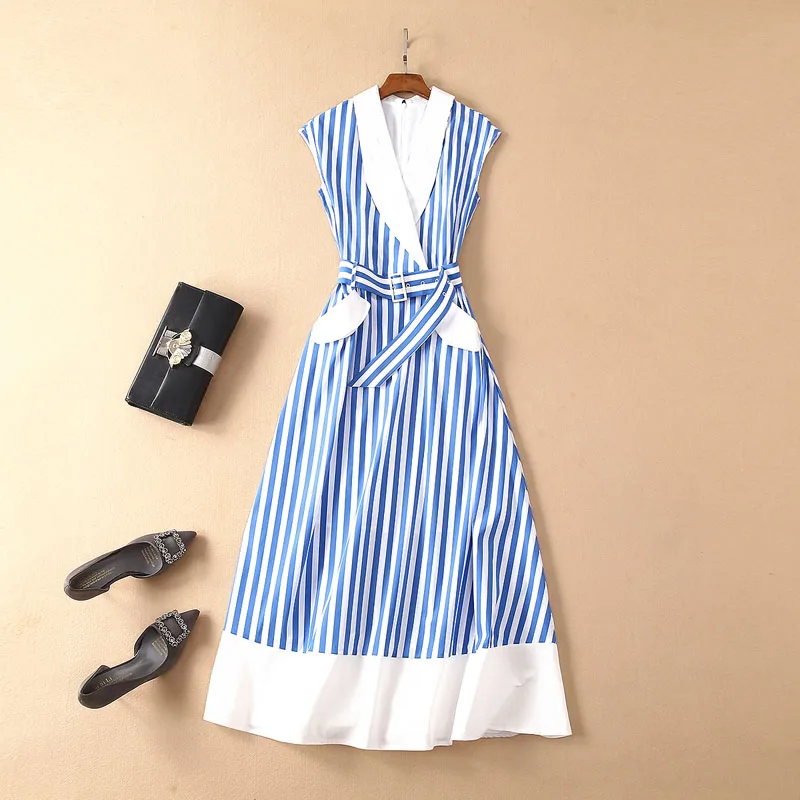 

2019 New Arrival Runway Dress Luxury Designer High Quality Summer Lady A-line Striped Slim Midi Dress With Belt Elegant Vestido