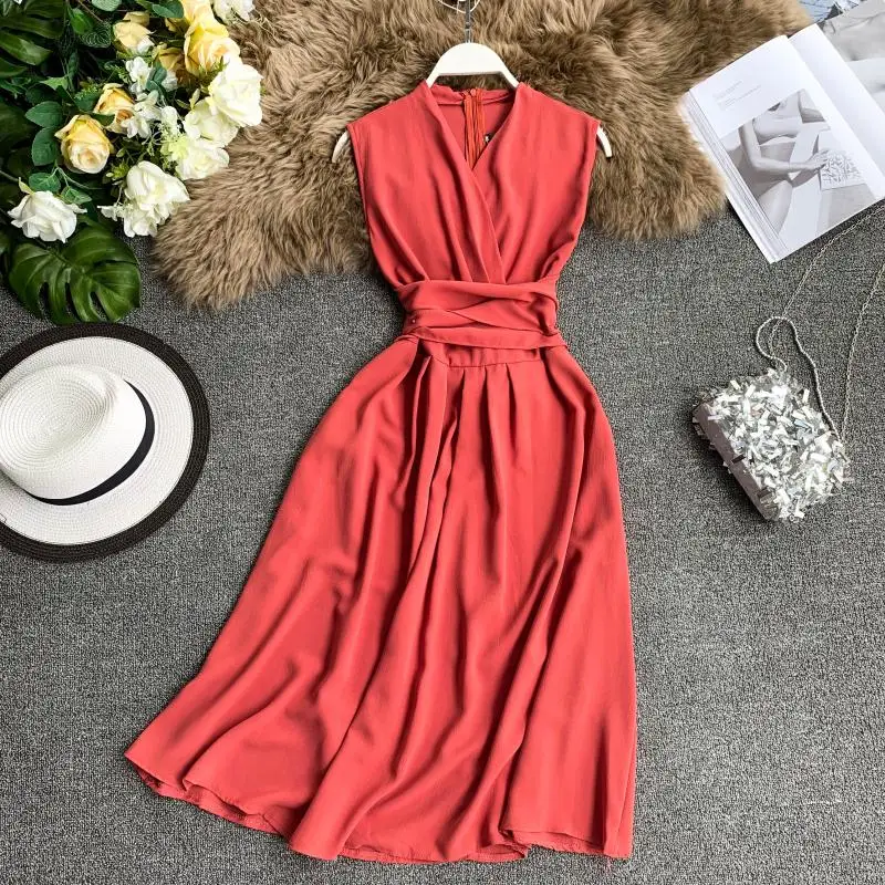 

Women Sexy V Collar Sleeveless Crossover Strap Waist Thin Summer Dress Lady Solid Color Elegant Vestidos LP467