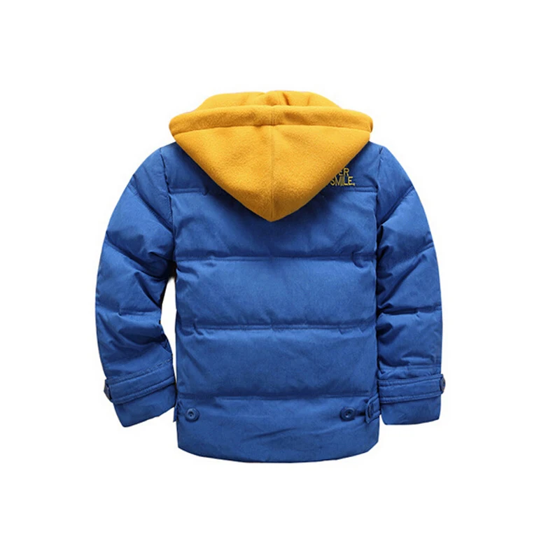 Коллекция года, одежда для маленьких мальчиков зимняя куртка для мальчиков детская верхняя одежда Лоскутные детские куртки с капюшоном для мальчиков и девочек, пуховое пальто 4 цвета