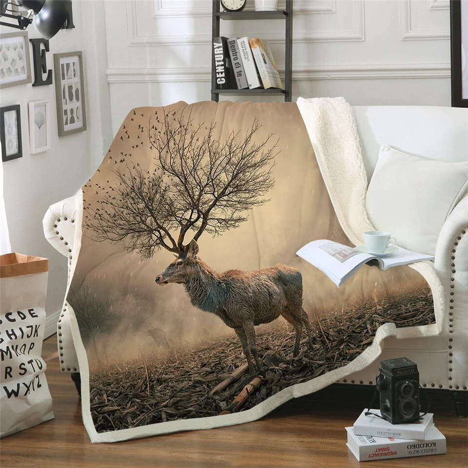 Олень дерево 3D шерстяное одеяло с принтом чехол для дивана путешествия постельные принадлежности выход бархат плюшевый плед флис одеяло-покрывало