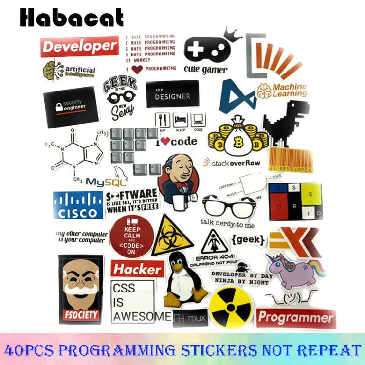 40Pcs/Lot Programming stickers Java JS Php Docker Bitcoin APP Logo Funny Stickers For Laptop Motorcycles Skateboard Car Stickers