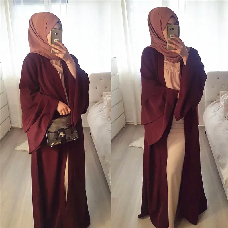 Женское платье abaya с расклешенными рукавами, Дубай, Абая для женщин, мусульманское кимоно, кардиган, хиджаб, платье, Турецкая мусульманская одежда Elbise Mubarak - Цвет: wine red